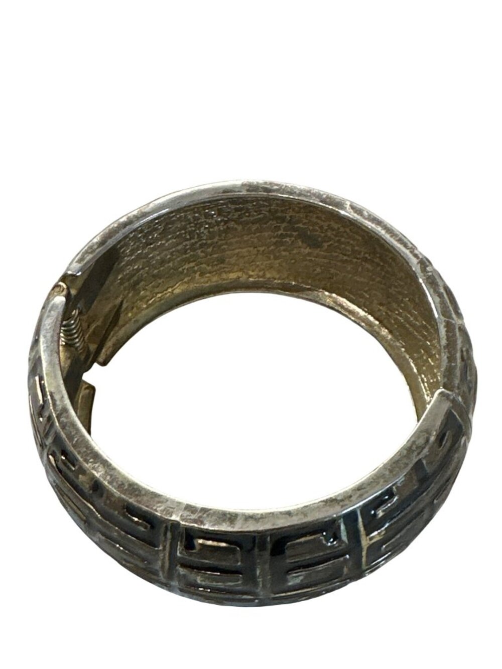 Vintage Bangle Bracelet Hinged Silver-Tone Metal Black Greek Key Pattern Design